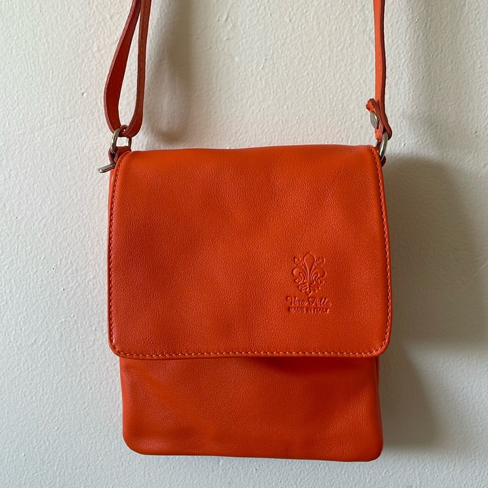 Orange Italian leather crossbody purse